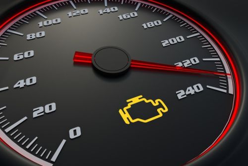 Engine check light on car dashboard. 3D rendered illustration concept