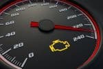 Engine check light on car dashboard. 3D rendered illustration concept